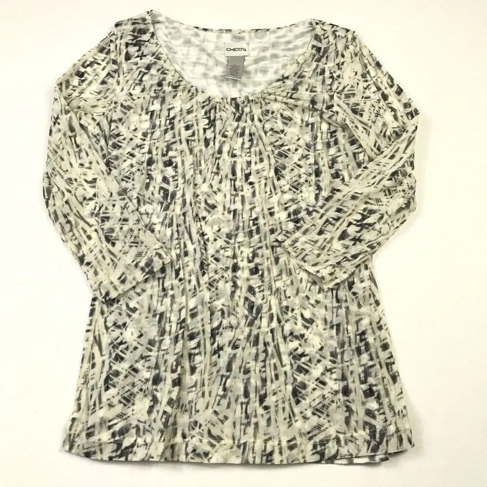 Chicos Womens Knit Top Printed Stretch 3/4 Sleeve Shirt Nylon Blouse 0 S Small